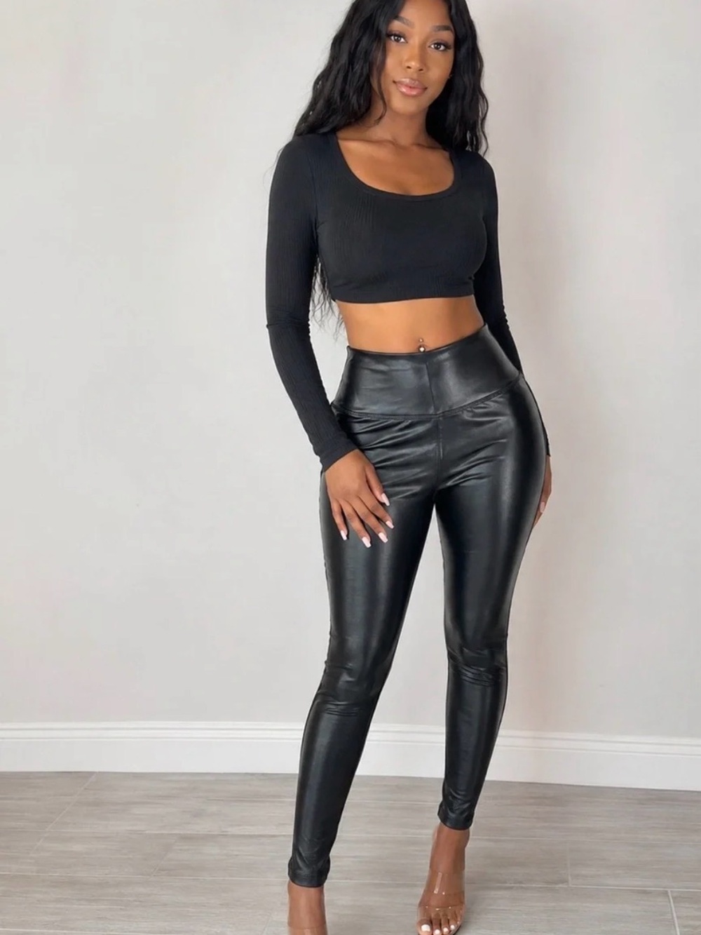 ShineStar High-Waist Black Faux Leather Leggings - Picture 4 of 6